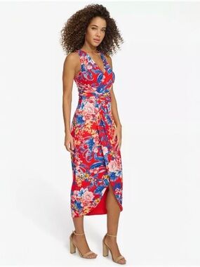 $118 NWT Siena Women's Red Floral Side-Ruched Sleeveless Midi Dress Size 14